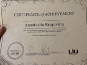 Сертификат о прохождении курса английского языка с отличием в Long Island University of Brooklyn, New York City, US (фамилия старая, до замужества 2020)