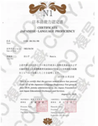 Сертификат о сдаче экзамена Nihongo Noryoku Shiken N1