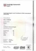 Сертификат удостоверяющий владение английский языком на уровне C1 Advanced (CAE)