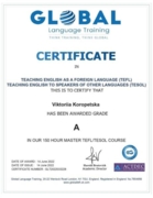 Сертификат о прохождении курса и успешной сдаче экзамена на высший бал "Преподавание английского как иностранного" (TESOL/TEFL). Аккредитация в британском центре.