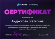 Сертификат об участии в практикуме по онлайн-преподаванию (Платформа Edvibe), 2022