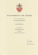 Диплом об окончании магистратуры с отличием University of Essex (Великобритания)
