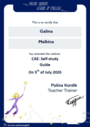 Сертификат об участии в вебинаре по самоподготовке к экзамену CAE Cambridge 2020