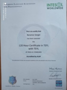 Международный сертификат, подтверждающий успешное прохождение курса, на котором я совершенствовал методику преподавания английского языка (длительность курса - 120 часов).