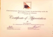 Certificate from US Embassy in Armenia for volunteering and teaching English