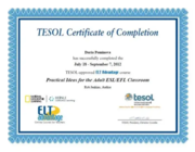 TESOL Certificate of Completion: Practical Ideas for the Adult ESL/EFL Classroom