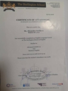 Сертификат, подтверждающий успешное прохождение обучения в The Burlington School of English в г. Лондон
