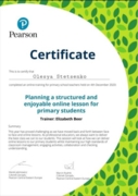 Сертификат об участии в онлайн тренинге компании Pearson, посвящённом планированию дистанционных занятий с детьми