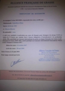 Certificat de scolarite ( niveau C1/C2) dans l'Alliance  Francaise de Grasse)