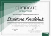 Сертификат благодарности за высокую оценку и большой вклад в международную организацию  ESTIEM