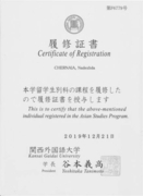 Сертификат прохождения стажировки в Kansai Gaidai Univercity, Япония.