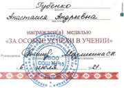 Удостоверение об окончании школы с отличием (ЕГЭ по русскому языку - 98 баллов)