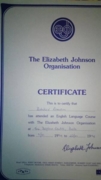 Сертификат о прохождении языковых курсов в Англии в Elizabeth Johnson Organisation