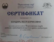 Сертификат участника Всероссийского съезда учителей и преподавателей русского языка и литературы