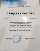 Свидетельство об окончании восьмилетнего курса по английскому языку ( уровень Advanced)