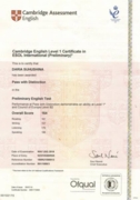 Сертификат. Cambridge English Level 1 Certificate in ESOL International (Preliminary), Level B2