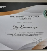 Сертификат о прохождении курса повышения квалификации преподавателей вокала от Greg Enruqiez (США)