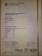 Сертификат FCE (Cambridge English: First) –  C1 level, grade A, 2015 год
