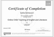 Сертификат об обучении детей английского языка и литературы от Детского фонда ООН