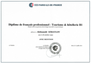 Диплом DFP Tourisme & hotellerie B1 (avec mention) в области туризма и гостиничного бизнеса, Торгово-Промышленная Палата г. Парижа