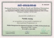 Сертификат о прохождении курса в NI-MSME, г. Хайдерабад, Индия