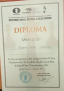 Участник Первенства Европы среди школьников по классическим, быстрым шахматам и блиц