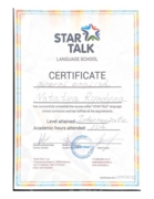 Сертификат об уровне владения языка (английский) «Intermediate» 2016 школы иностранных языков STAR TALK