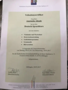 Сертификат о прохождении курса немецкого языка в Католической школе для взрослых, город Диллинген, Германия