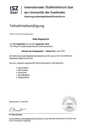 Подтверждение участия в языковые курсах немецкого языка в Германии (город Саарбрюккен)