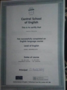 Сертификат о прохождении курса английского языка в Central School of English